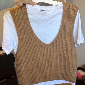 Zara Tan Knit Vest with White Tee